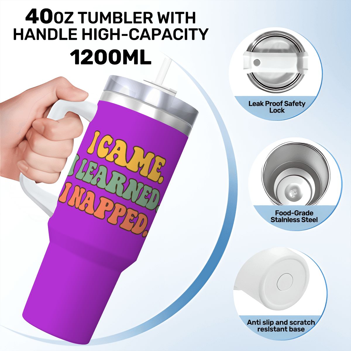 I Came. I Learned. I Napped.” 40oz Travel Mug with Handle & Straw 40 oz