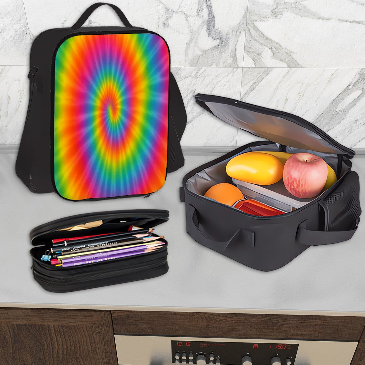 Tie Dye Orange Set of 3 Bags (Oxford Backpack Lunch Bag & Pencil Pouch)