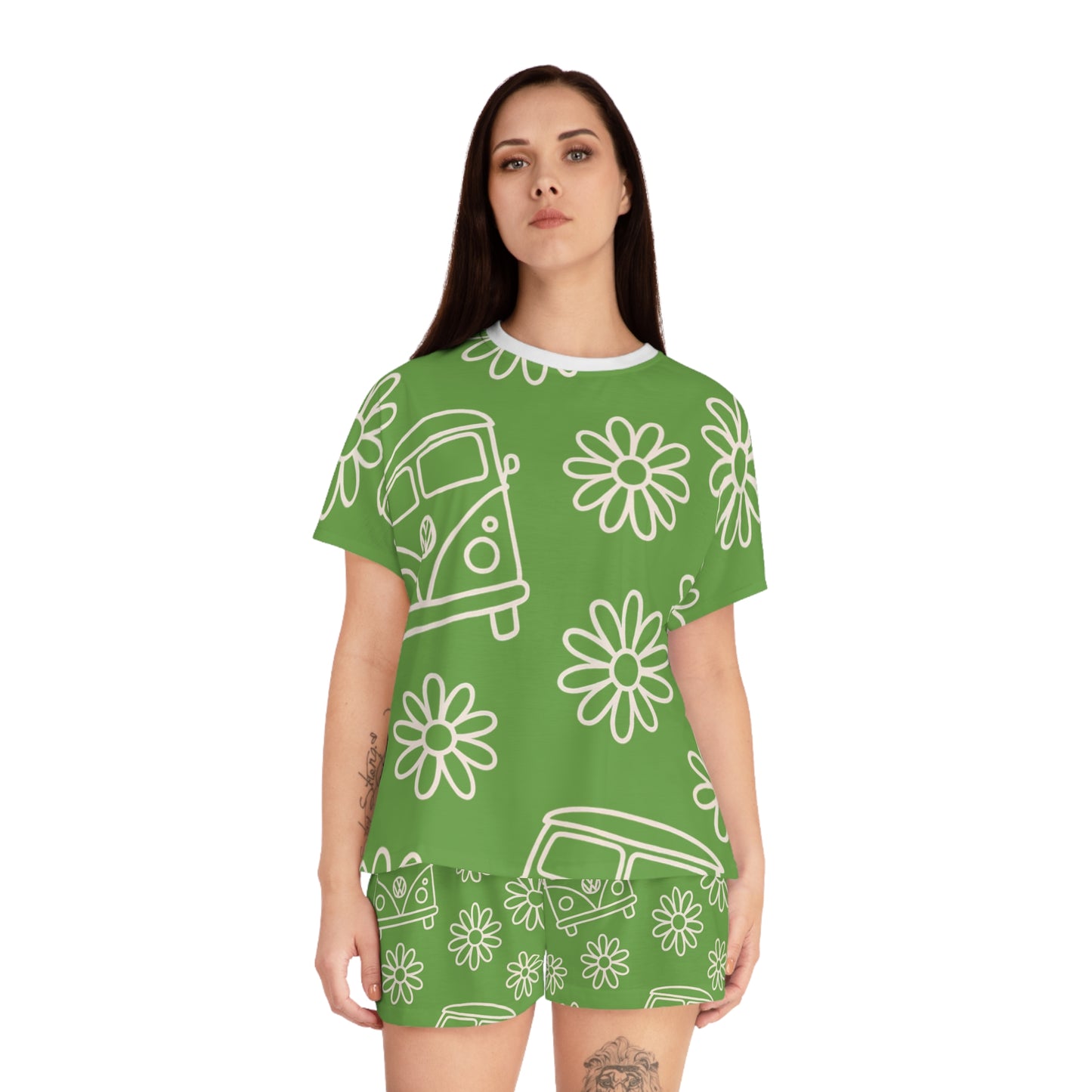Flower Child Dreams” VW Sleep Set, Cozy Sleepwear for Women, Summer Loungewear, Beach Vacation PJs, Retro Green Pajama Set
