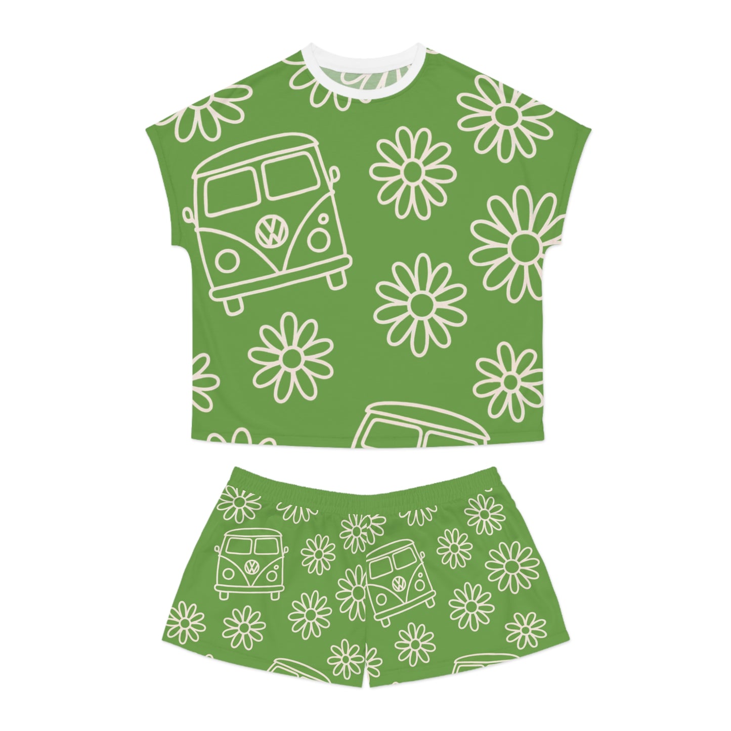 Flower Child Dreams” VW Sleep Set, Cozy Sleepwear for Women, Summer Loungewear, Beach Vacation PJs, Retro Green Pajama Set
