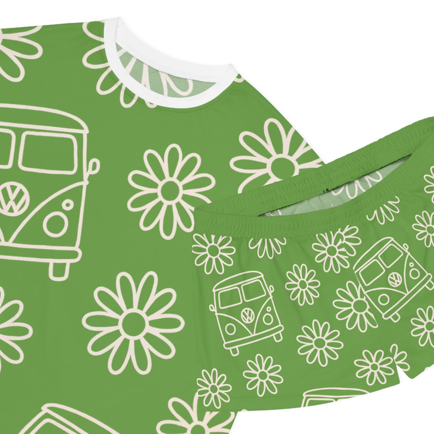 Flower Child Dreams” VW Sleep Set, Cozy Sleepwear for Women, Summer Loungewear, Beach Vacation PJs, Retro Green Pajama Set