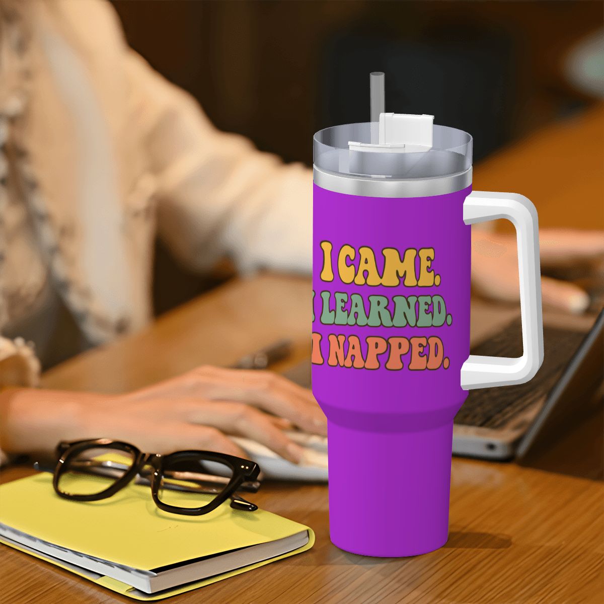 I Came. I Learned. I Napped.” 40oz Travel Mug with Handle & Straw 40 oz