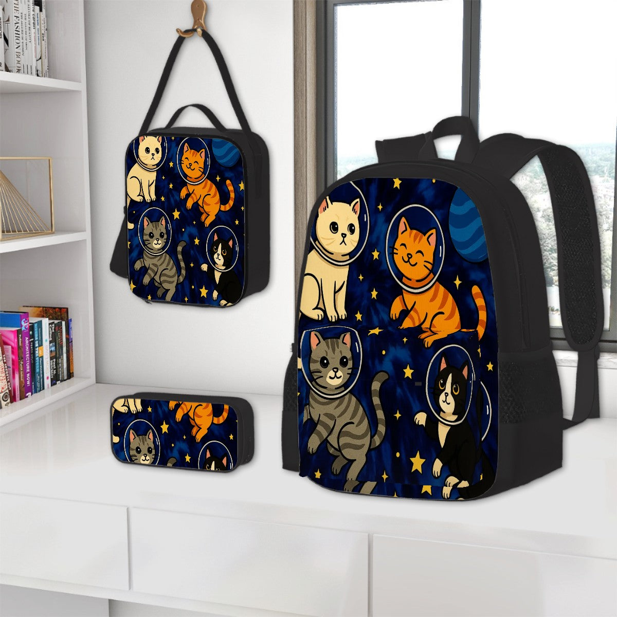 Space Kitty Set of 3 Bags (Oxford Backpack Lunch Bag & Pencil Pouch)