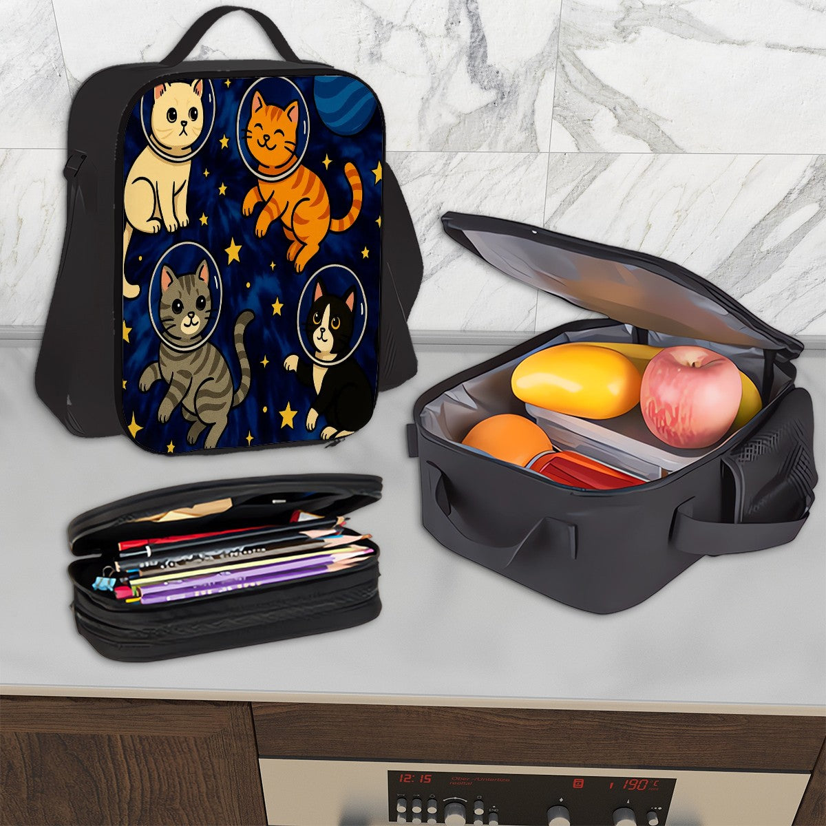 Space Kitty Set of 3 Bags (Oxford Backpack Lunch Bag & Pencil Pouch)