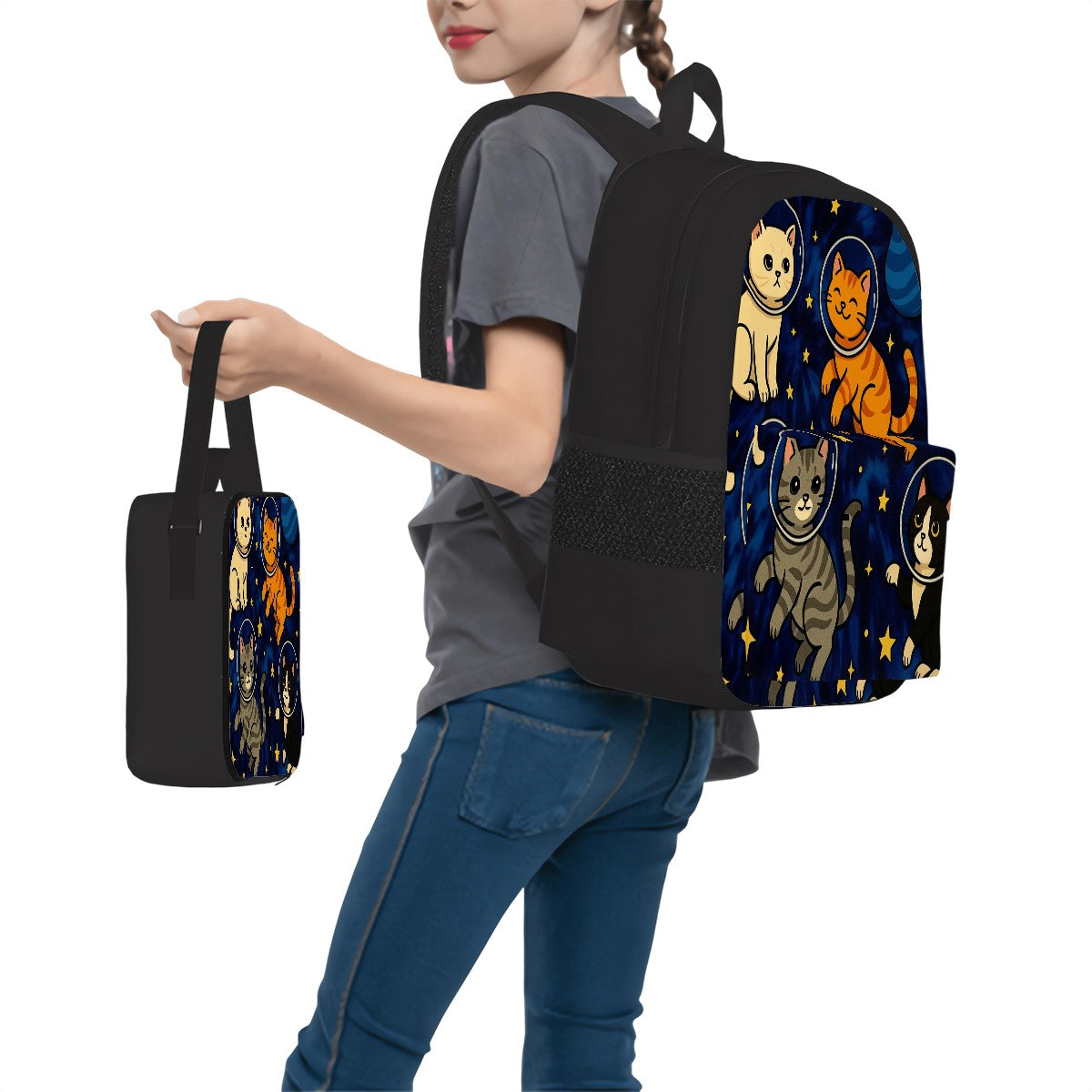 Space Kitty Set of 3 Bags (Oxford Backpack Lunch Bag & Pencil Pouch)