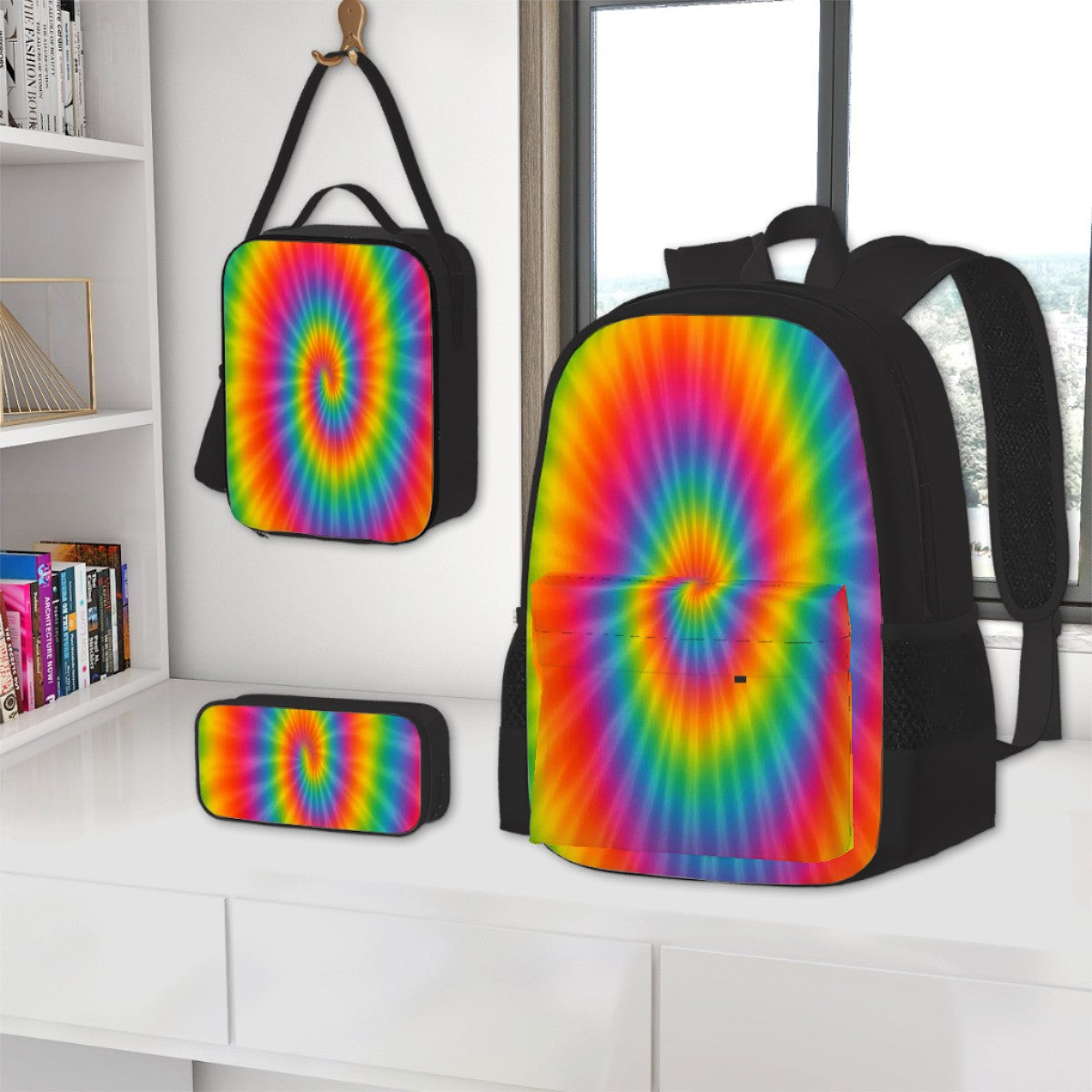Tie Dye Orange Set of 3 Bags (Oxford Backpack Lunch Bag & Pencil Pouch)