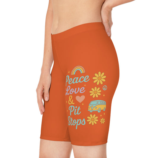 Women's Peace Love Pit Stops Bike Shorts, Summer Activewear, Cycling Shorts, Outdoor Adventure, Festival Clothing, Gift for Her