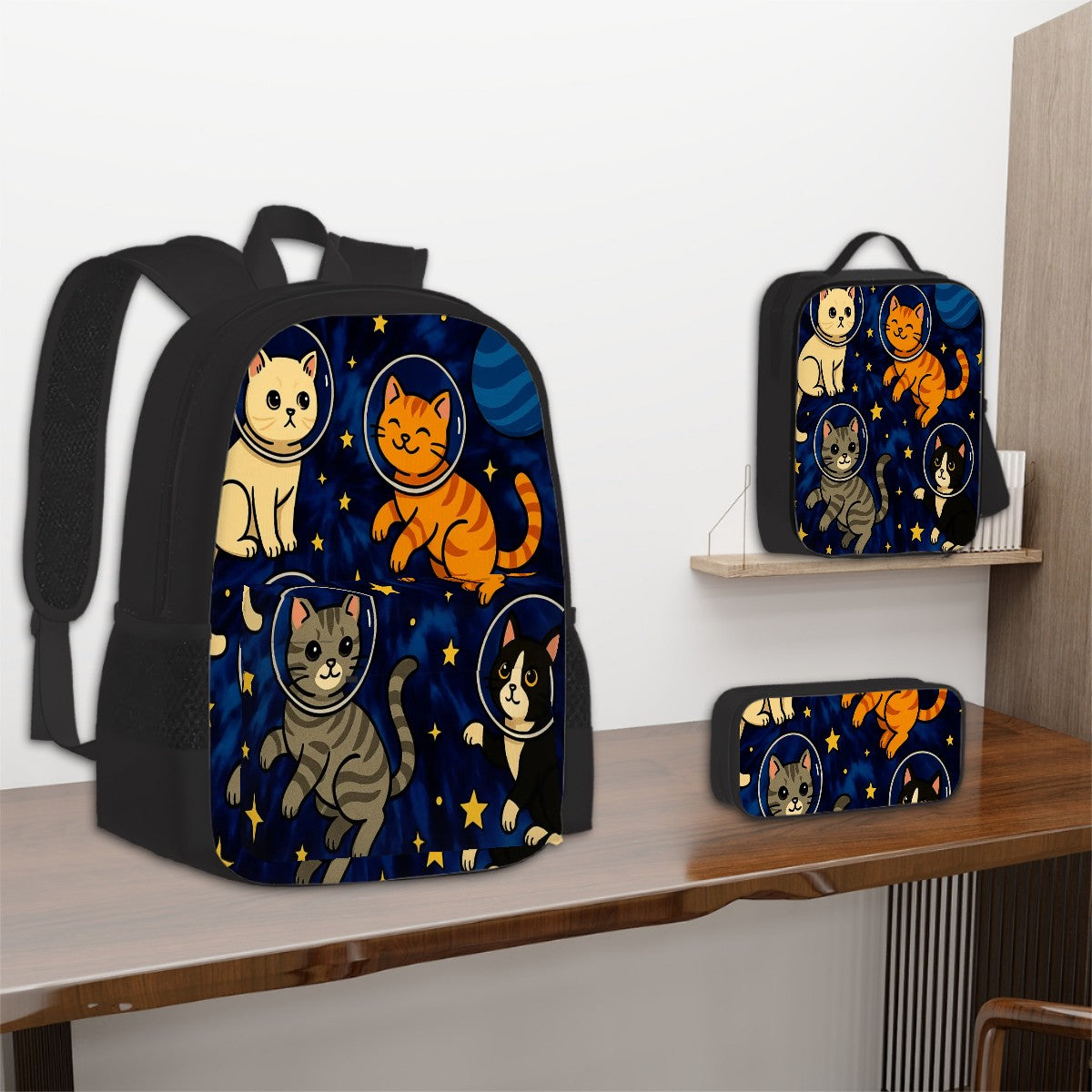 Space Kitty Set of 3 Bags (Oxford Backpack Lunch Bag & Pencil Pouch)