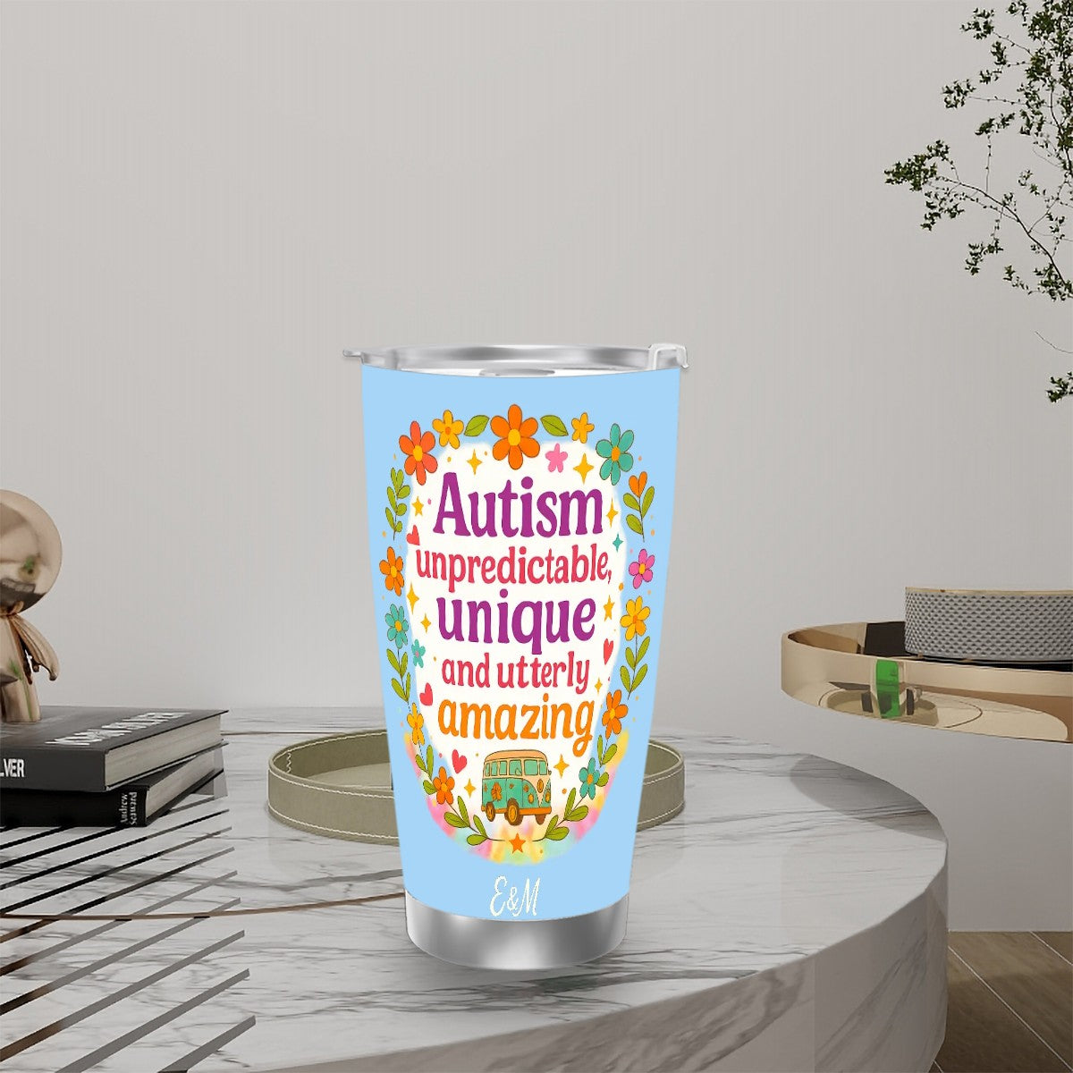 Autism Travel Coffee Mug with Single Silver Edge (20oz)